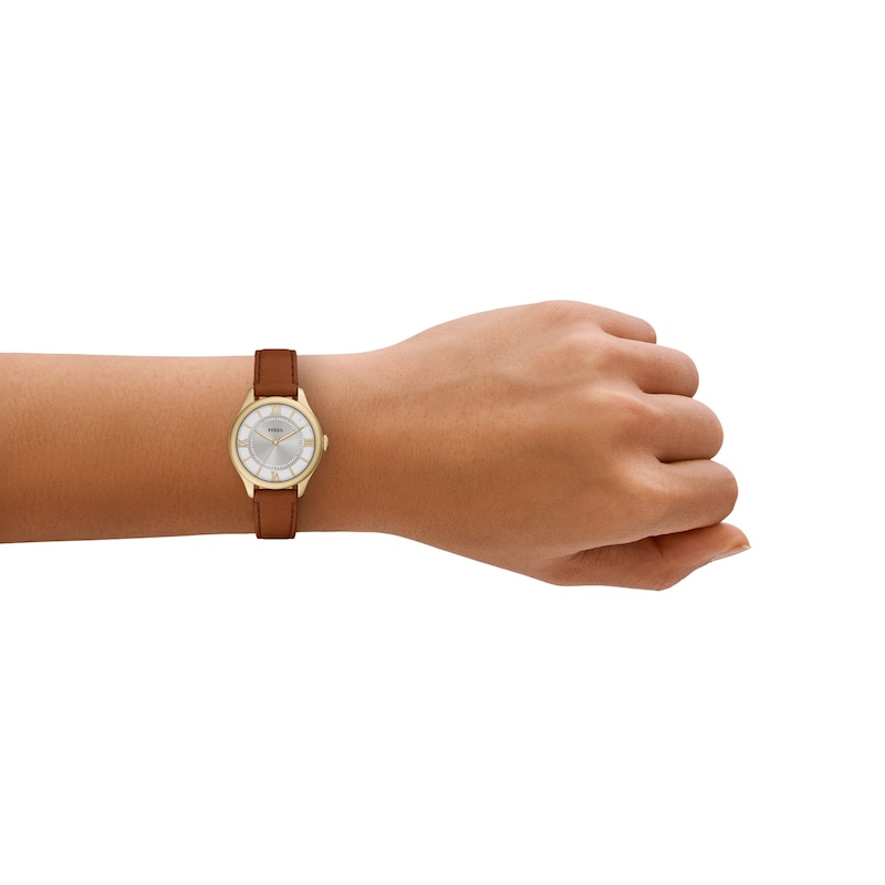 Main Image 2 of Ladies' Fossil Gilmore Gold-Tone IP Watch with Silver-Tone Dial and Brown Leather Strap (Model: ES5423)