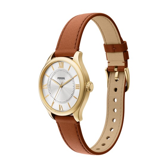 Ladies' Fossil Gilmore Gold-Tone IP Watch with Silver-Tone Dial and Brown Leather Strap (Model: Es5423)