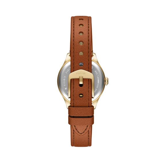 Ladies' Fossil Gilmore Gold-Tone IP Watch with Silver-Tone Dial and Brown Leather Strap (Model: Es5423)