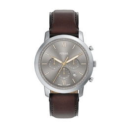 Men's Fossil Neutra White Stainless Steel Brown Leather Strap Chronograph Watch with Grey Dial (Model: FS6129)