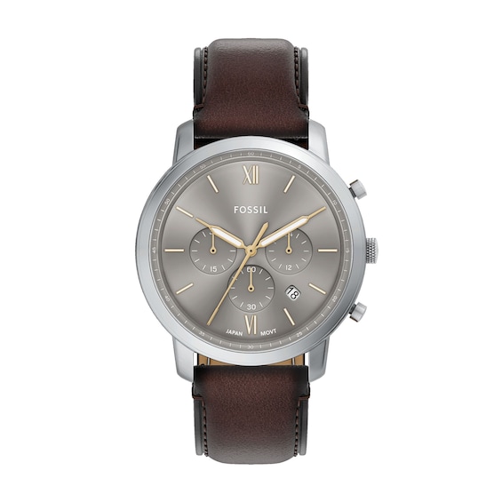 Men's Fossil Neutra White Stainless Steel Brown Leather Strap Chronograph Watch with Grey Dial (Model: Fs6129)