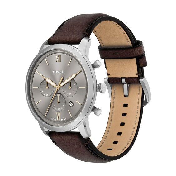Men's Fossil Neutra White Stainless Steel Brown Leather Strap Chronograph Watch with Grey Dial (Model: Fs6129)