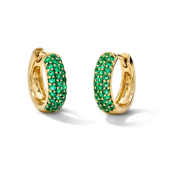 Lab-Created Emerald Hoop Earrings in 10K Gold