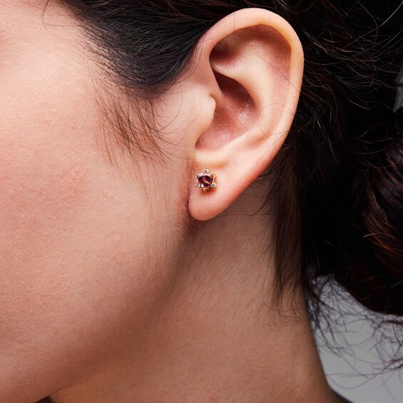 Trillion-Cut Pink Tourmaline and 1/15 CT. T.w. Lab-Grown Diamond Stud Earrings in 10K Gold (F/Vs2)