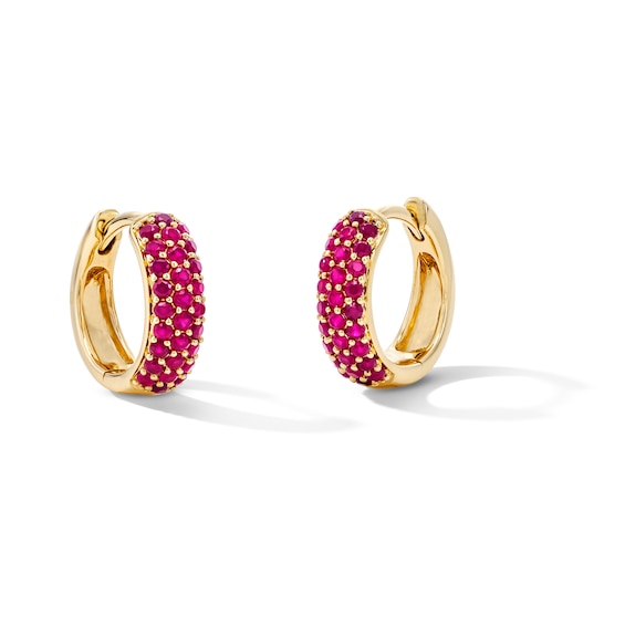 Lab-Created Ruby Hoop Earrings in 10K Gold