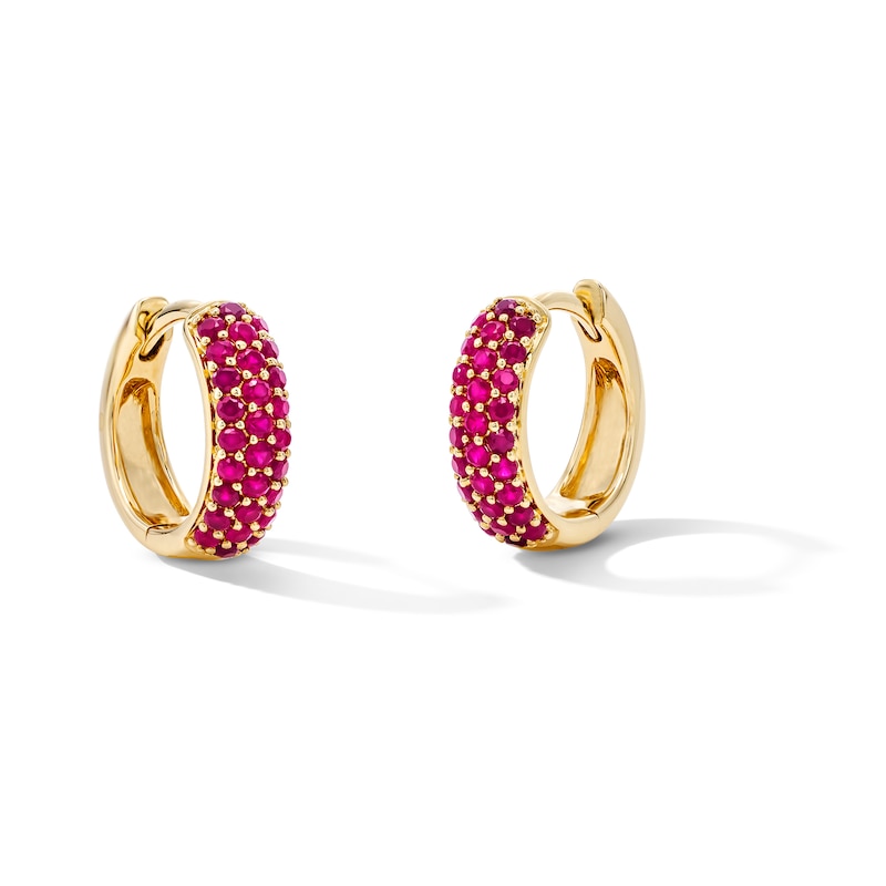 Main Image 1 of Lab-Created Ruby Hoop Earrings in 10K Gold