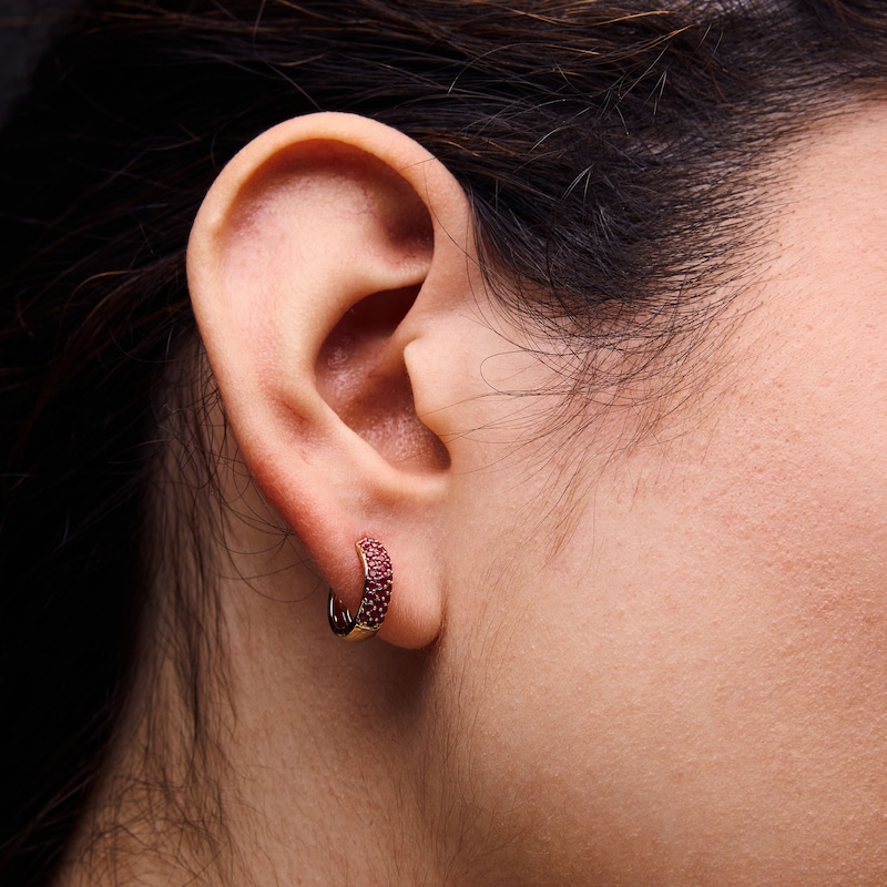 Main Image 2 of Lab-Created Ruby Hoop Earrings in 10K Gold