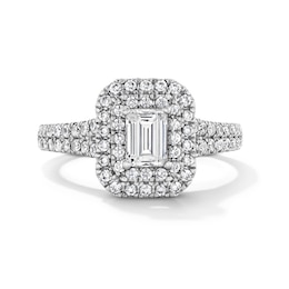 1-1/10 CT. T.W. Emerald-Cut Certified Lab-Grown Diamond Double Frame Engagement Ring in 14K White Gold (F/VS2)