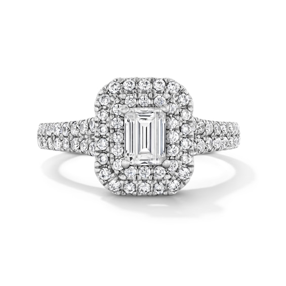 1-1/10 CT. T.w. Emerald-Cut Certified Lab-Grown Diamond Double Frame Engagement Ring in 14K White Gold (F/Vs2)