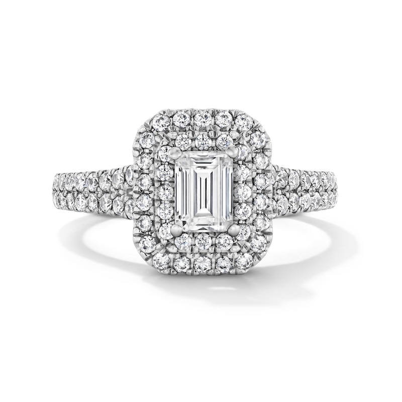 Main Image 1 of 1-1/10 CT. T.W. Emerald-Cut Certified Lab-Grown Diamond Double Frame Engagement Ring in 14K White Gold (F/VS2)