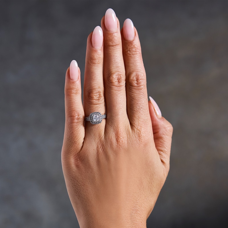 Main Image 2 of 1-1/10 CT. T.W. Emerald-Cut Certified Lab-Grown Diamond Double Frame Engagement Ring in 14K White Gold (F/VS2)