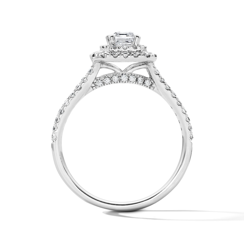 Main Image 2 of 1-1/10 CT. T.W. Emerald-Cut Certified Lab-Grown Diamond Double Frame Engagement Ring in 14K White Gold (F/VS2)