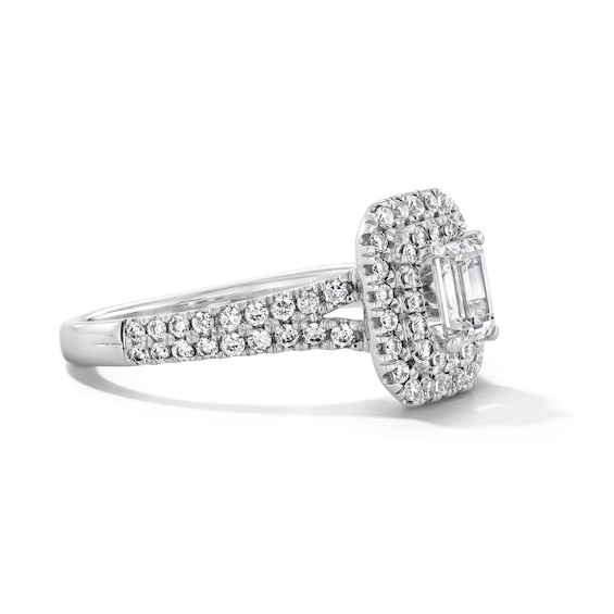 1-1/10 CT. T.w. Emerald-Cut Certified Lab-Grown Diamond Double Frame Engagement Ring in 14K White Gold (F/Vs2)