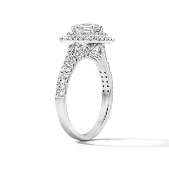 1-1/10 CT. T.w. Emerald-Cut Certified Lab-Grown Diamond Double Frame Engagement Ring in 14K White Gold (F/Vs2)