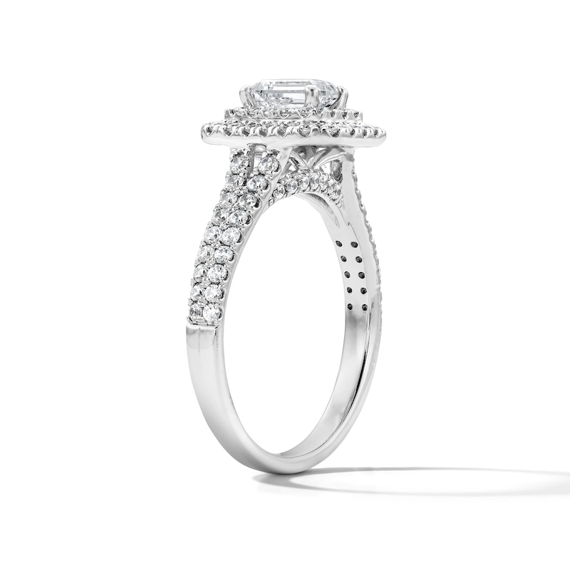 Main Image 4 of 1-1/10 CT. T.W. Emerald-Cut Certified Lab-Grown Diamond Double Frame Engagement Ring in 14K White Gold (F/VS2)