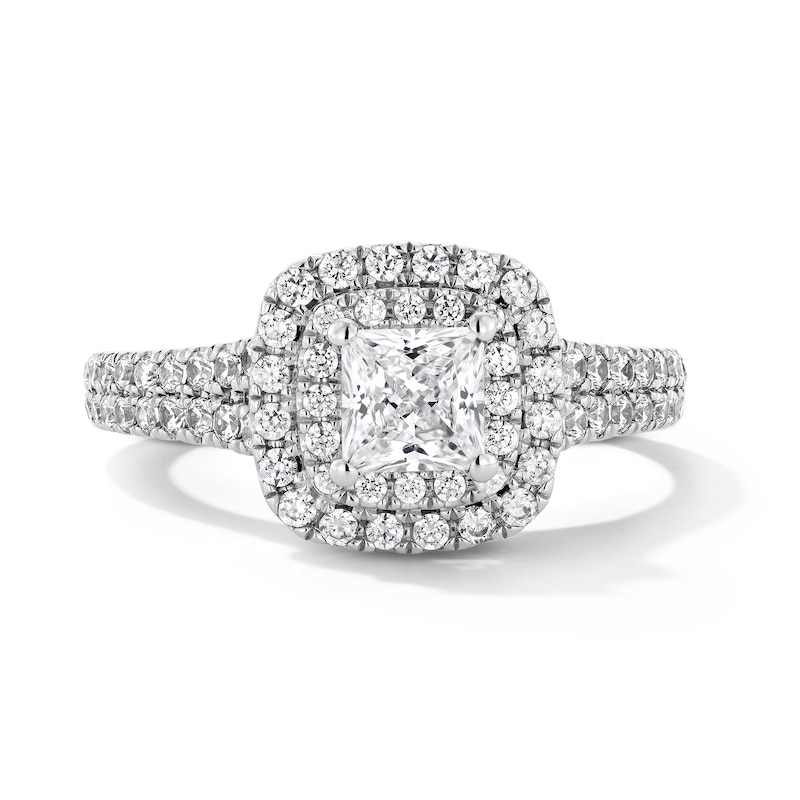 Main Image 1 of 1-1/10 CT. T.W. Princess-Cut Certified Lab-Grown Diamond Double Frame Engagement Ring in 14K White Gold (F/VS2)