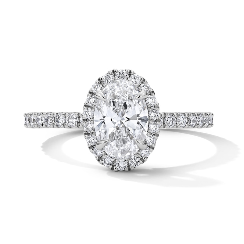 Main Image 1 of 1-1/2 CT. T.W. Oval-Cut Certified Lab-Grown Diamond Halo Ring in Platinum (D/IF)