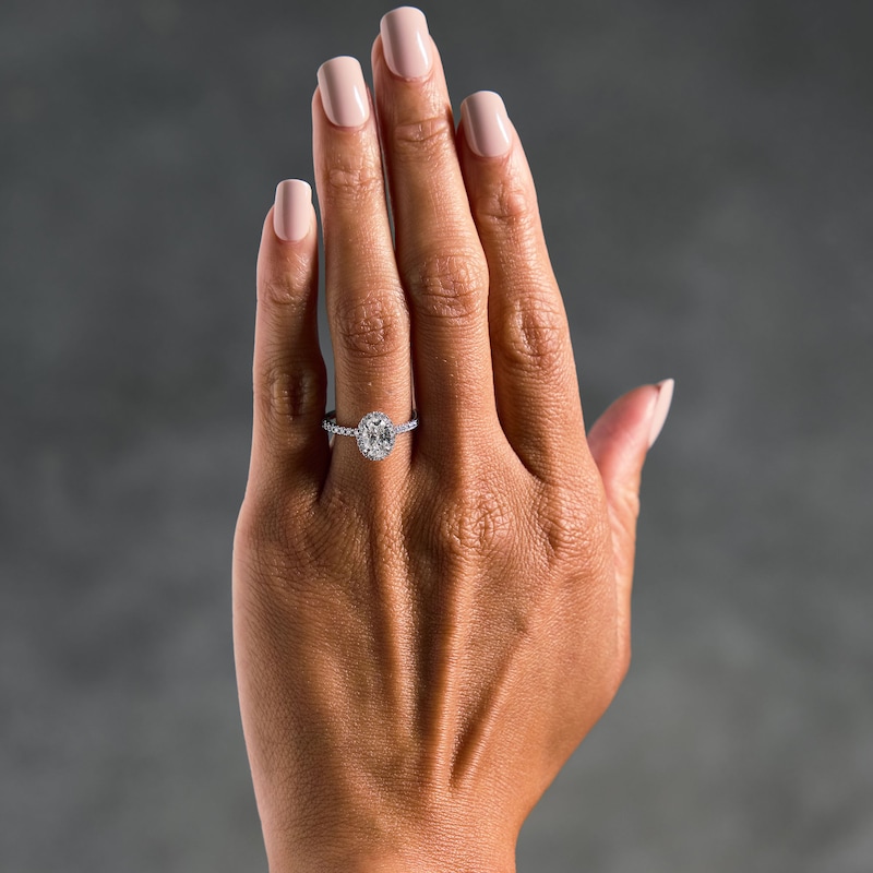 Main Image 2 of 1-1/2 CT. T.W. Oval-Cut Certified Lab-Grown Diamond Halo Ring in Platinum (D/IF)