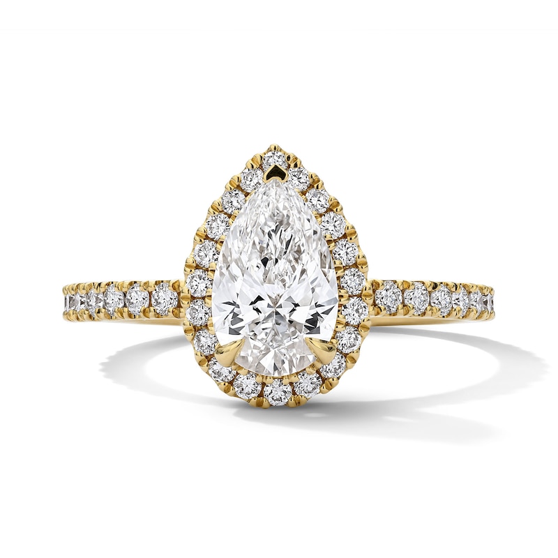 Main Image 1 of 1-1/2 CT. T.W. Pear-Shaped Certified Lab-Grown Diamond Frame Engagement Ring in 18K Gold (D/IF)