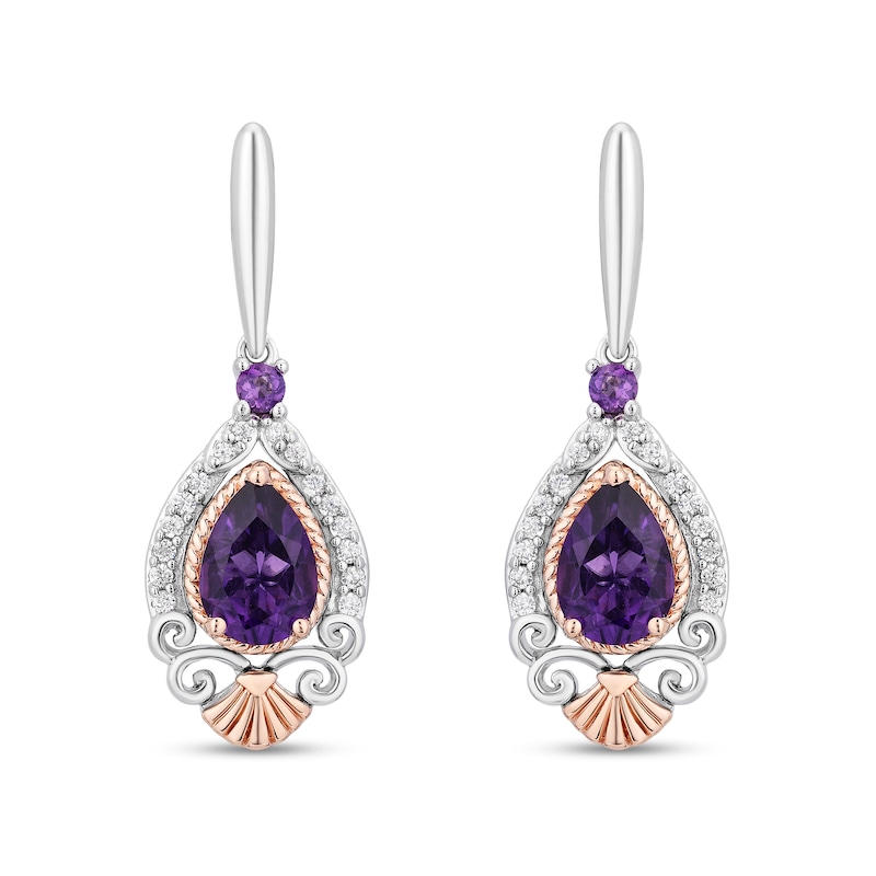 Main Image 1 of Enchanted Disney Ariel Amethyst and 1/6 CT. T.W. Diamond Drop Earrings in Sterling Silver with 14K Rose Gold Plate