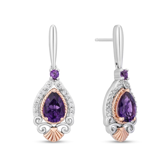 Enchanted Disney Ariel Amethyst and 1/6 CT. T.w. Diamond Drop Earrings in Sterling Silver with 14K Rose Gold Plate