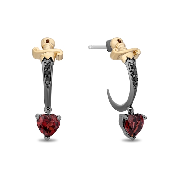 Enchanted Disney Villains Heart-Shaped Garnet and Black Diamond Dagger Earrings in Sterling Silver and 14K Gold Plate