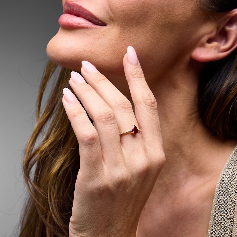 Main Image 2 of Pear-Shaped Ruby and 1/10 CT. T.W. Lab-Grown Diamond Ring in 10K Gold (F/VS2)