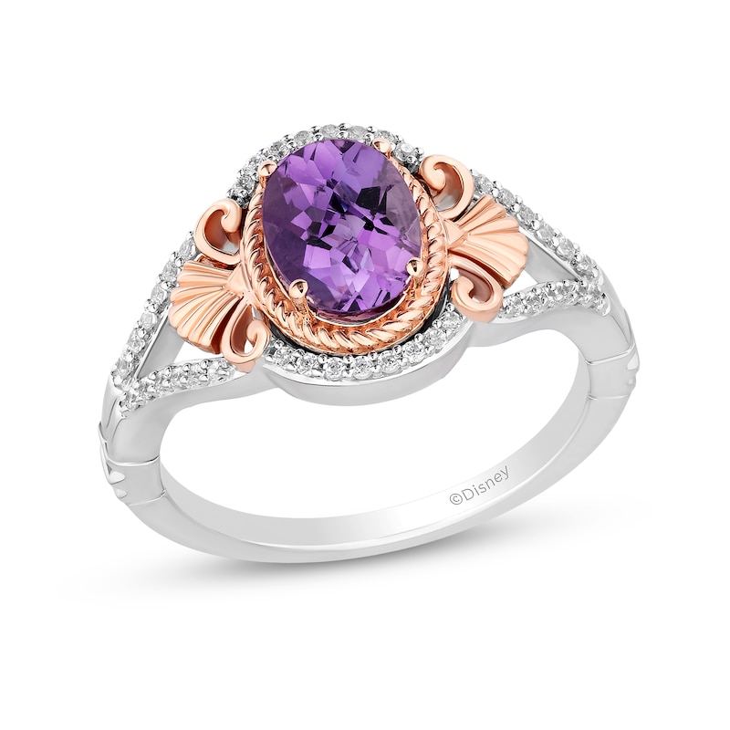 Main Image 1 of Enchanted Disney Ariel Oval Amethyst and 1/6 CT. T.W. Diamond Ring in Sterling Silver and 14K Rose Gold Plate