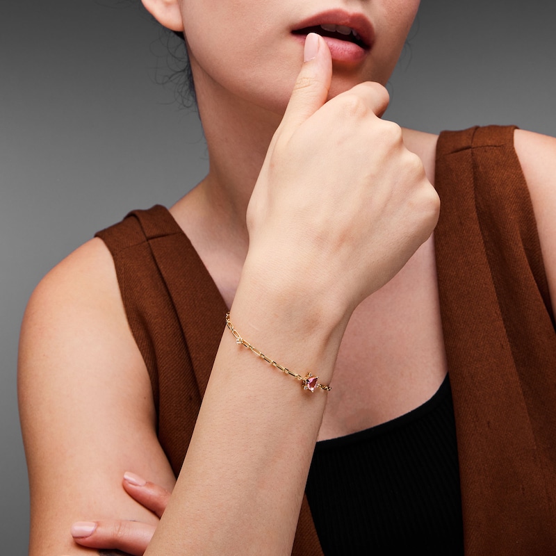 Main Image 2 of Trillion-Cut Tourmaline and 1/10 CT. T.W. Lab-Grown Diamond Station Bracelet in 10K Gold (F/VS2) - 7.5″