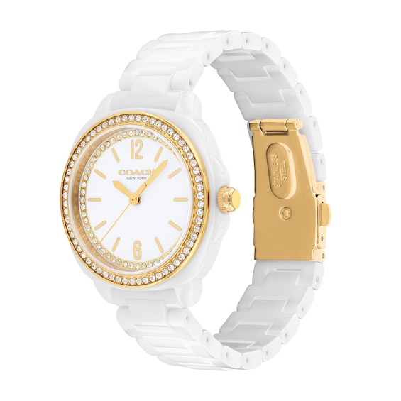 Ladies' Coach Kitt White Ceramic Analog Watch with White Dial and Crystal Bezel (Model: 14504562)