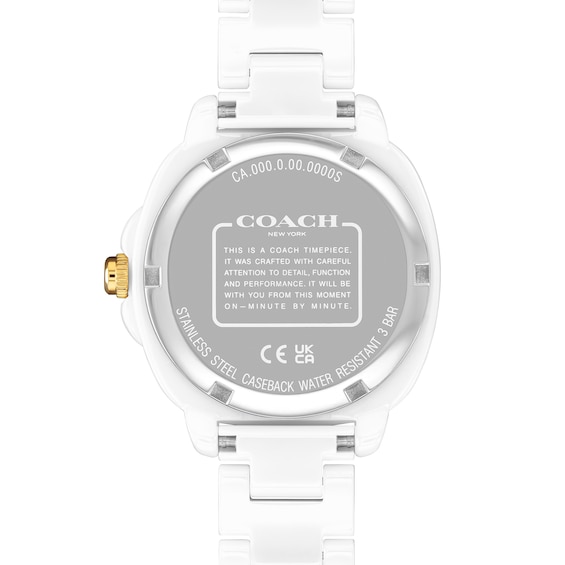 Ladies' Coach Kitt White Ceramic Analog Watch with White Dial and Crystal Bezel (Model: 14504562)