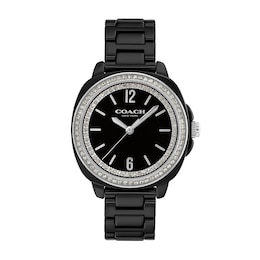 Ladies' Coach Kitt Black Ceramic Analog Watch with Black Dial and Crystal Bezel (Model: 14504564)