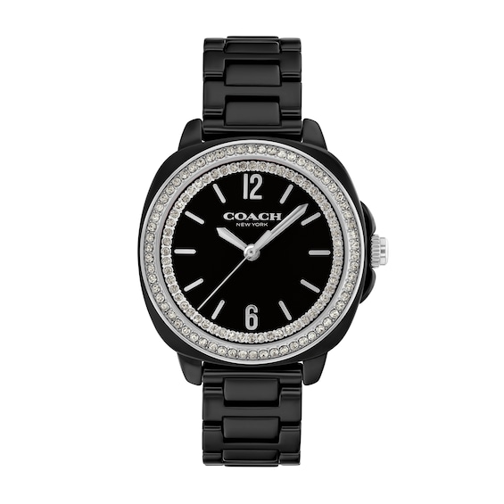 Ladies' Coach Kitt Black Ceramic Analog Watch with Black Dial and Crystal Bezel (Model: 14504564)
