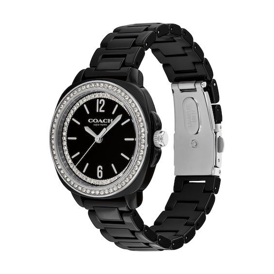 Ladies' Coach Kitt Black Ceramic Analog Watch with Black Dial and Crystal Bezel (Model: 14504564)