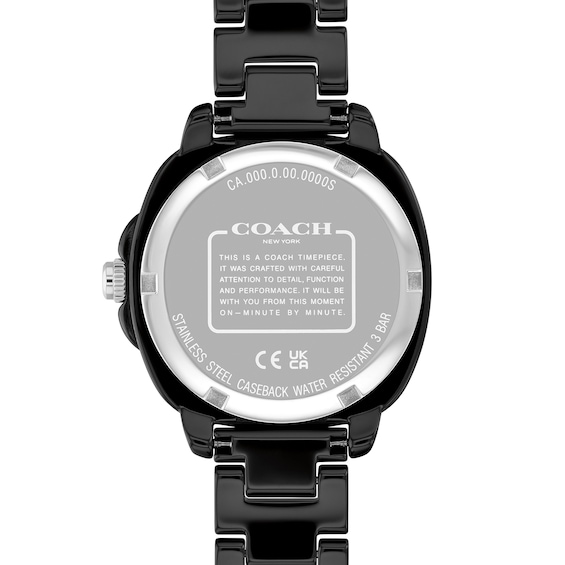 Ladies' Coach Kitt Black Ceramic Analog Watch with Black Dial and Crystal Bezel (Model: 14504564)