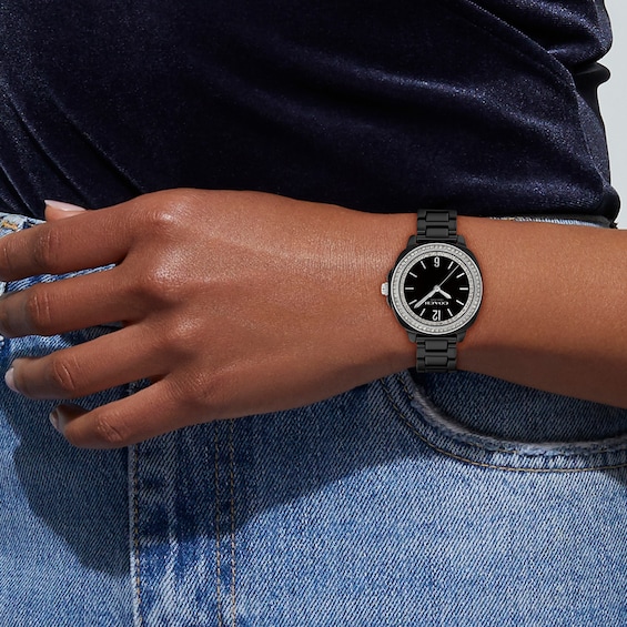 Ladies' Coach Kitt Black Ceramic Analog Watch with Black Dial and Crystal Bezel (Model: 14504564)