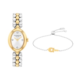 Ladies' Coach Sammy Two-Tone Analog Watch with Silver-Tone Oval Dial and Bracelet Set (Model: 14000128)
