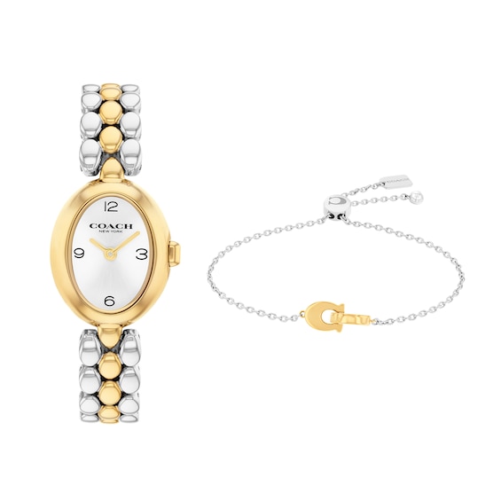 Ladies' Coach Sammy Two-Tone Analog Watch with Silver-Tone Oval Dial and Bracelet Set (Model: 14000128)