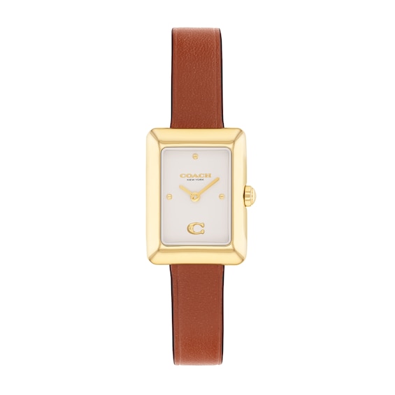 Ladies' Coach Mara Gold-Tone IP Analog Watch with Ivory Dial and Brown Leather Strap (Model: 14504584)
