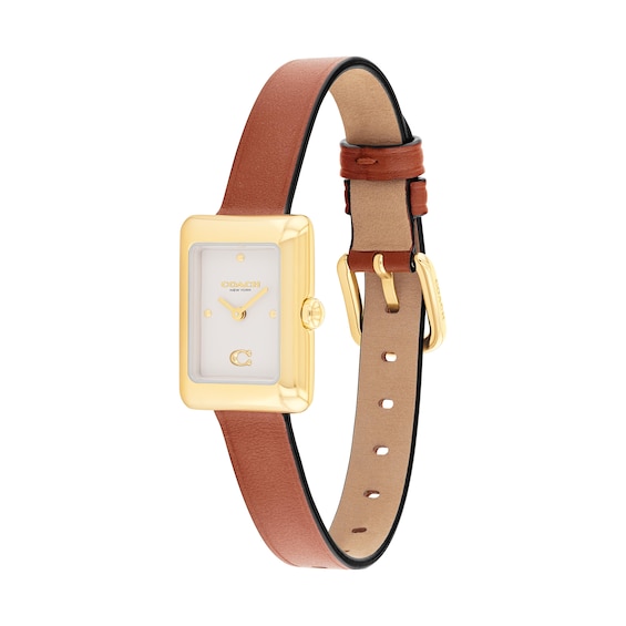 Ladies' Coach Mara Gold-Tone IP Analog Watch with Ivory Dial and Brown Leather Strap (Model: 14504584)