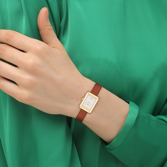 Ladies' Coach Mara Gold-Tone IP Analog Watch with Ivory Dial and Brown Leather Strap (Model: 14504584)