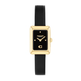 Ladies' Coach Mara Gold-Tone IP Analog Watch with Black Dial and Black Leather Strap (Model: 14504616)