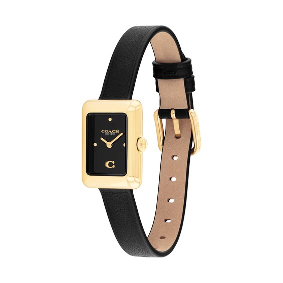 Ladies' Coach Mara Gold-Tone IP Analog Watch with Black Dial and Black Leather Strap (Model: 14504616)