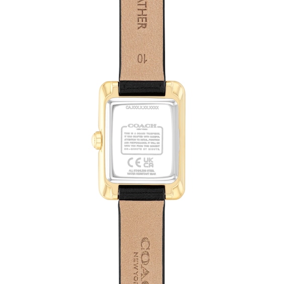 Ladies' Coach Mara Gold-Tone IP Analog Watch with Black Dial and Black Leather Strap (Model: 14504616)