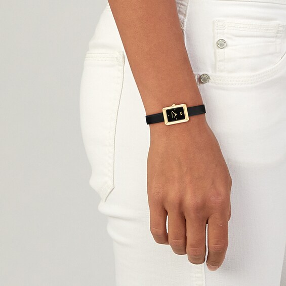 Ladies' Coach Mara Gold-Tone IP Analog Watch with Black Dial and Black Leather Strap (Model: 14504616)