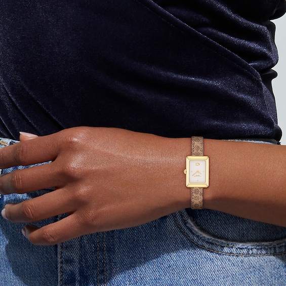 Ladies' Coach Mara Gold-Tone IP Analog Watch with Ivory Dial and Brown Leather Strap (Model: 14504617)
