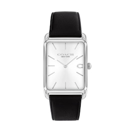 Unisex Coach Analog Watch with Silver-Tone Rectangle Dial and Black Leather Strap (Model: 14400040)