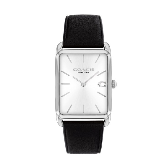 Unisex Coach Analog Watch with Silver-Tone Rectangle Dial and Black Leather Strap (Model: 14400040)
