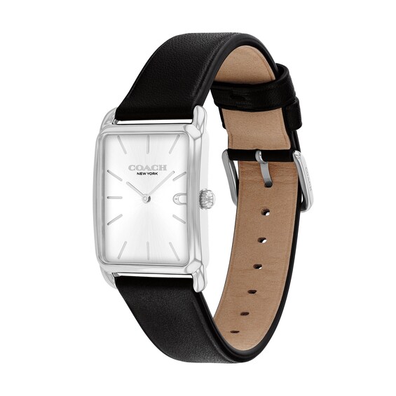 Unisex Coach Analog Watch with Silver-Tone Rectangle Dial and Black Leather Strap (Model: 14400040)