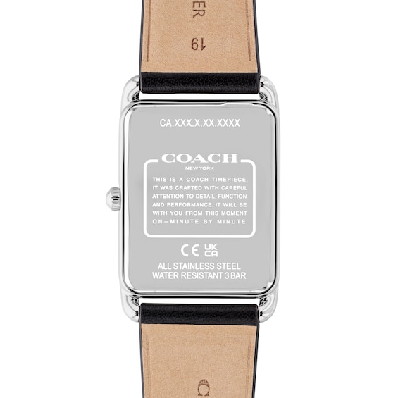 Unisex Coach Analog Watch with Silver-Tone Rectangle Dial and Black Leather Strap (Model: 14400040)